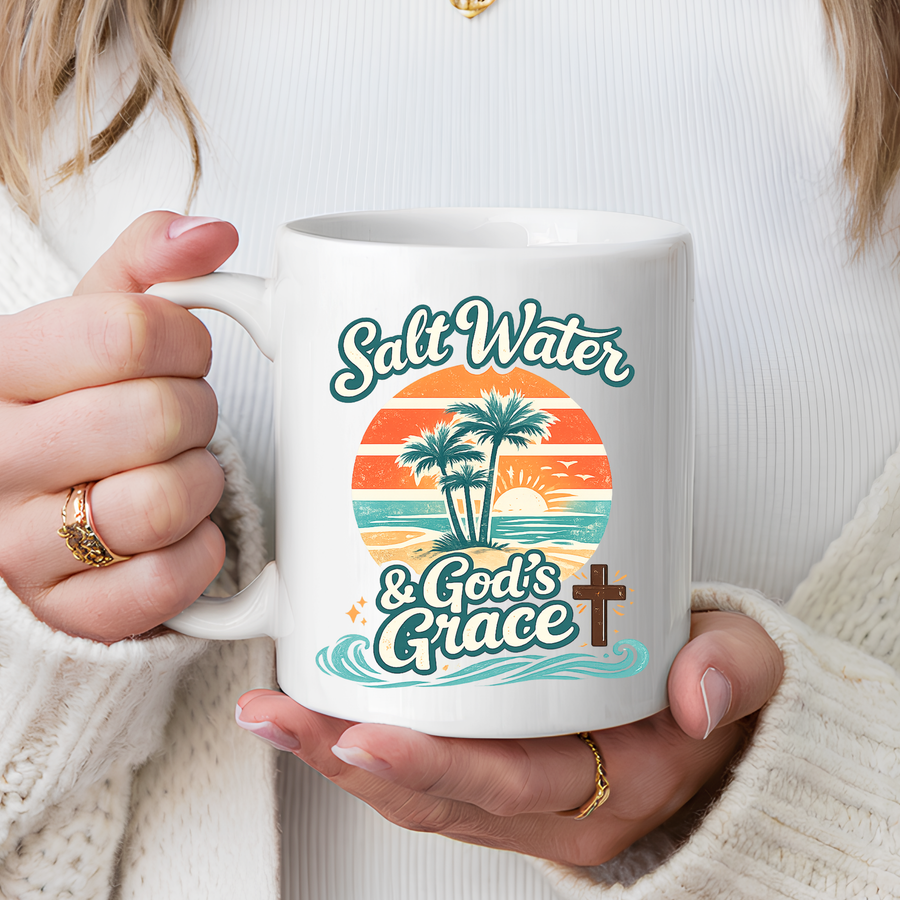 Christian Beach Lover Coffee Mug, Salt Water and God's Grace Mug, Coastal Faith Gift, Religious Ocean Lover Cup, Christian Gift