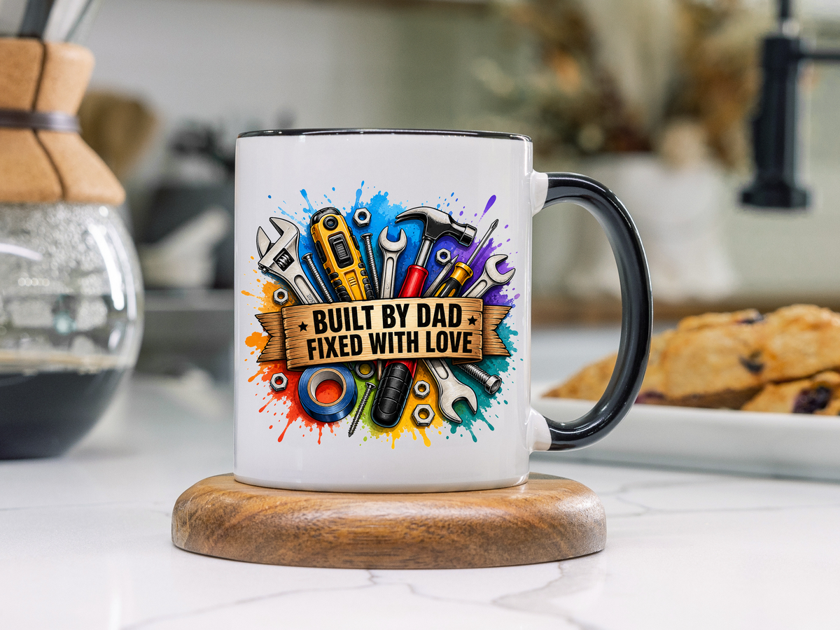 Built by Dad Fixed with Love Mug, Handyman Dad Coffee Mug, Father's Day Gift for Carpenter Mechanic DIY Dad, Workshop Mug