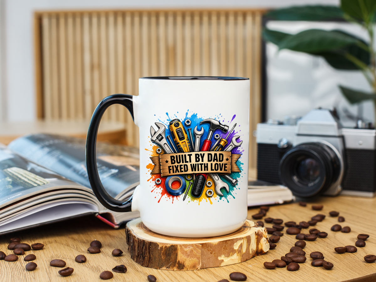 Built by Dad Fixed with Love Mug, Handyman Dad Coffee Mug, Father's Day Gift for Carpenter Mechanic DIY Dad, Workshop Mug