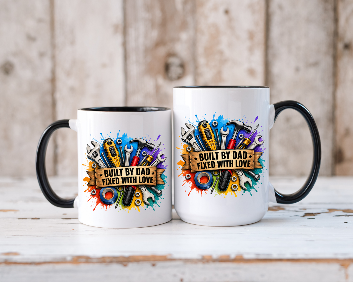 Built by Dad Fixed with Love Mug, Handyman Dad Coffee Mug, Father's Day Gift for Carpenter Mechanic DIY Dad, Workshop Mug