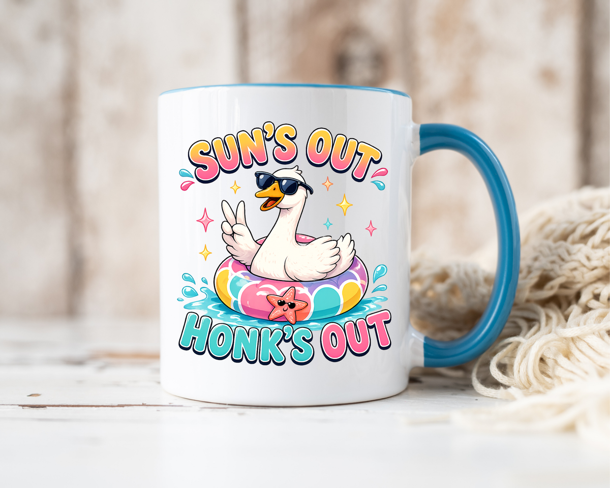 Funny Goose Summer Coffee Mug, Sun's Out Honk's Out Mug, Cute Goose Pool Float Cup, Beach Vacation Gift, Summer Lover Mug