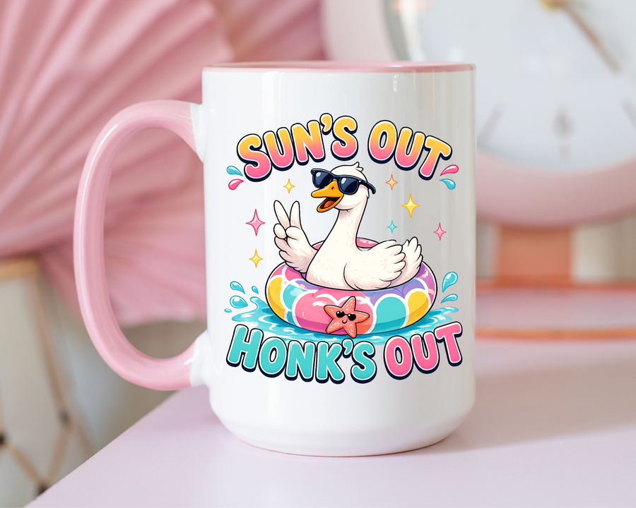 Funny Goose Summer Coffee Mug, Sun's Out Honk's Out Mug, Cute Goose Pool Float Cup, Beach Vacation Gift, Summer Lover Mug