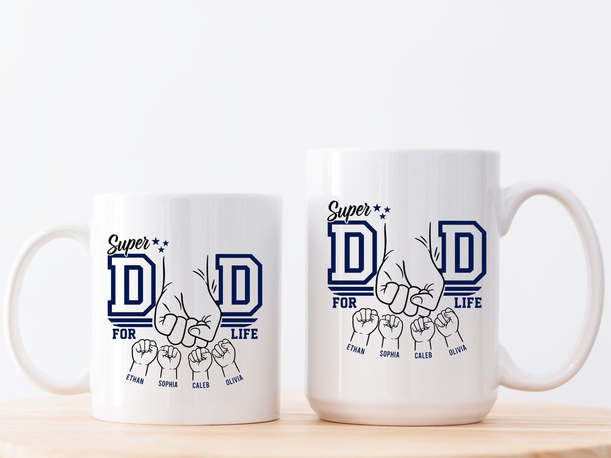 Personalized Super Dad Coffee Mug, Custom Dad Mug with Kids Names, Father's Day Gift for Dad, Dad for Life Coffee Cup, Gift from Children