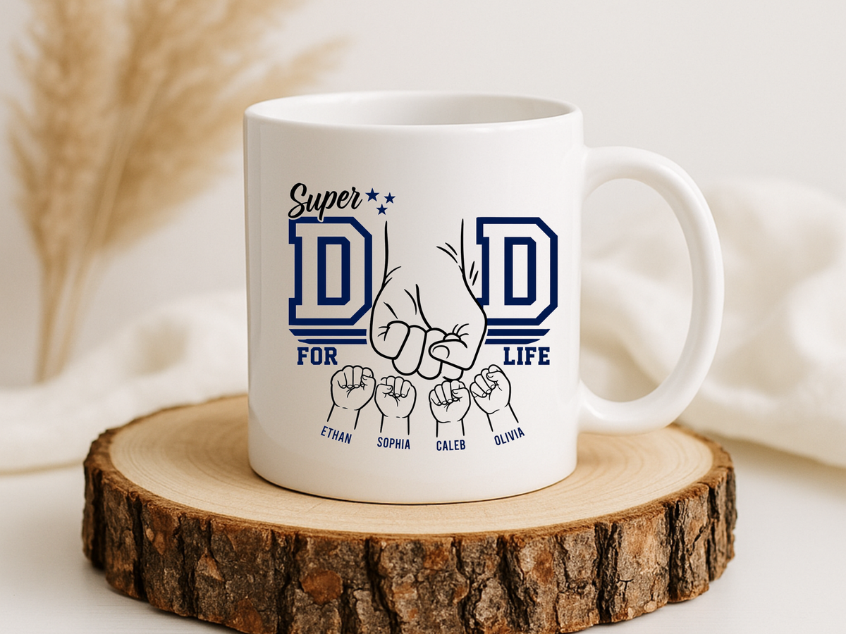 Personalized Super Dad Coffee Mug, Custom Dad Mug with Kids Names, Father's Day Gift for Dad, Dad for Life Coffee Cup, Gift from Children