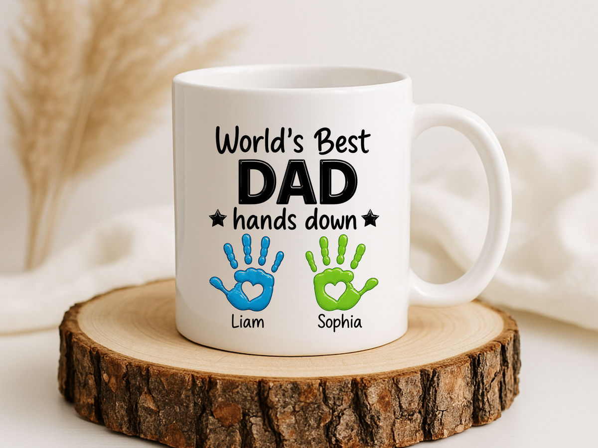 Personalized World's Best Dad Coffee Mug, Custom Handprint Dad Mug with Kids Names, Father's Day Gift for Dad, Gift from Children