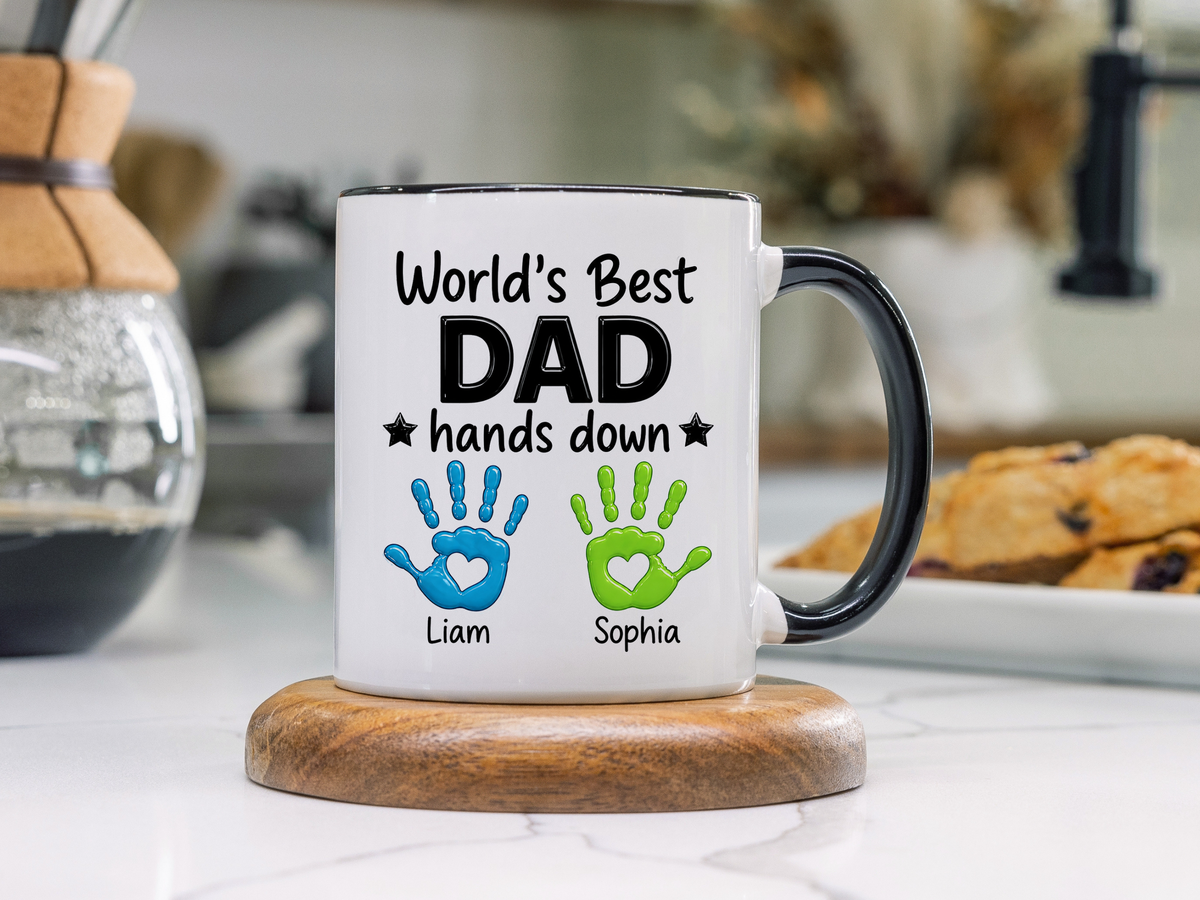 Personalized World's Best Dad Coffee Mug, Custom Handprint Dad Mug with Kids Names, Father's Day Gift for Dad, Gift from Children