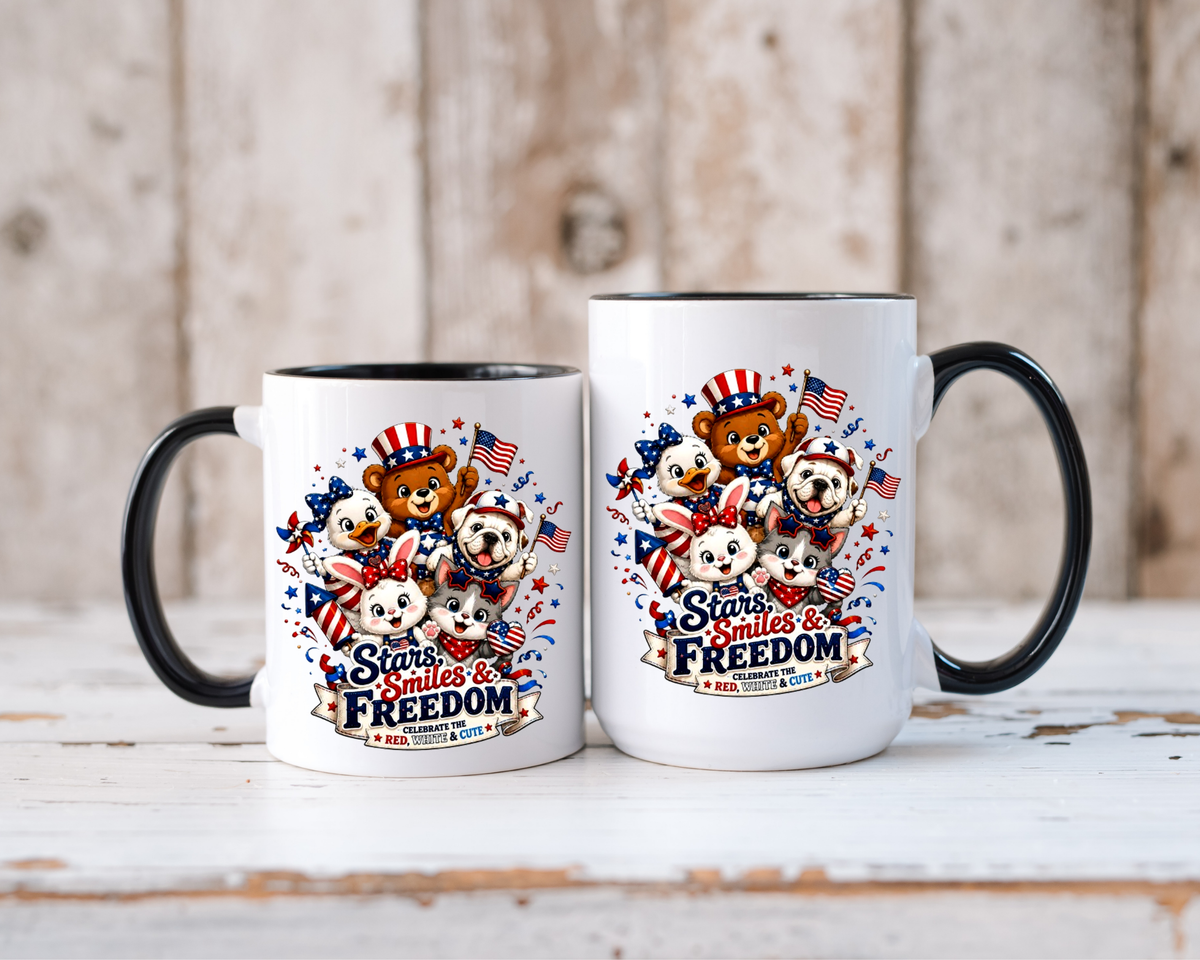 Cute Patriotic Animal Coffee Mug, Fourth of July Mug for Kids and Families, Stars Smiles and Freedom Cup, Independence Day Gift