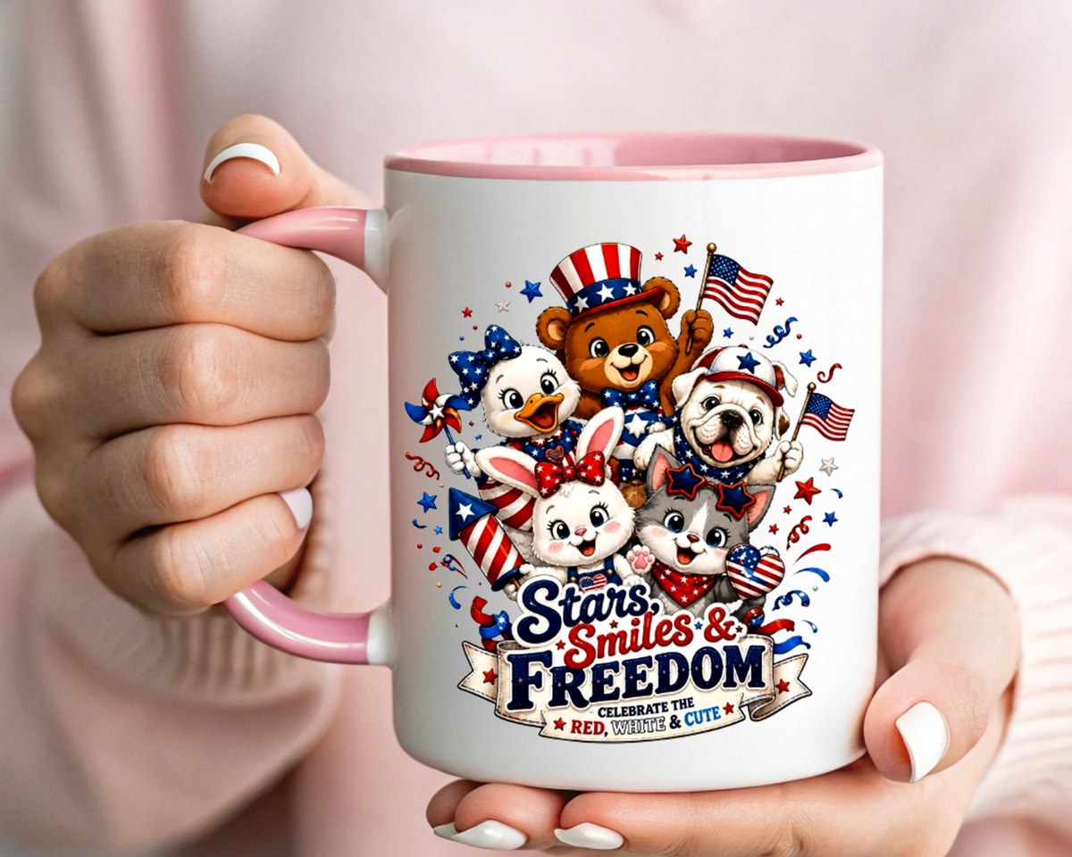 Cute Patriotic Animal Coffee Mug, Fourth of July Mug for Kids and Families, Stars Smiles and Freedom Cup, Independence Day Gift