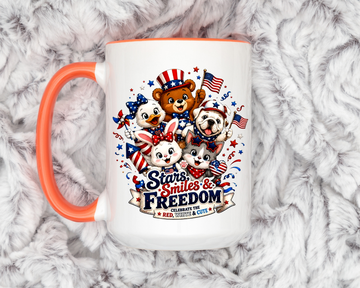 Cute Patriotic Animal Coffee Mug, Fourth of July Mug for Kids and Families, Stars Smiles and Freedom Cup, Independence Day Gift