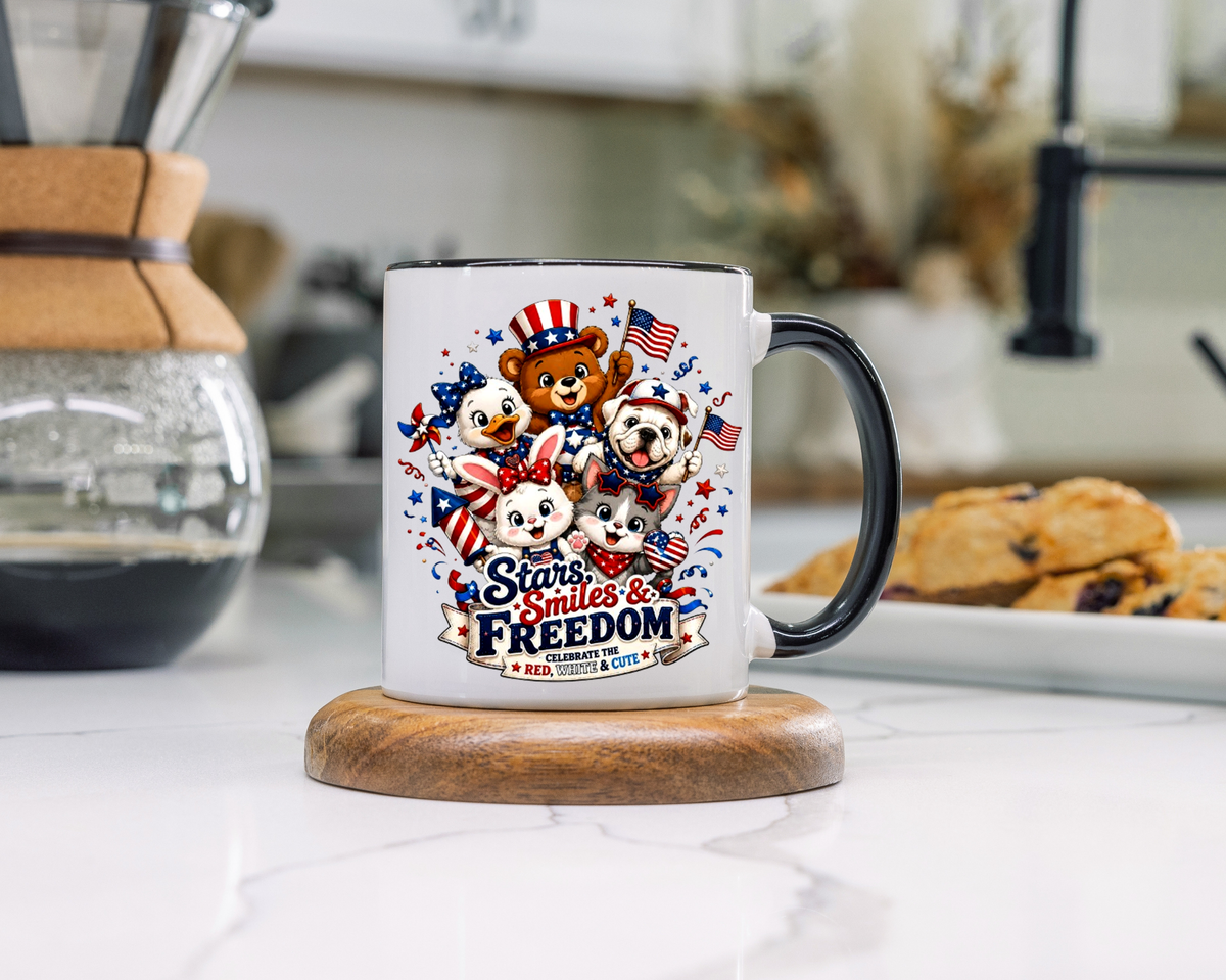 Cute Patriotic Animal Coffee Mug, Fourth of July Mug for Kids and Families, Stars Smiles and Freedom Cup, Independence Day Gift