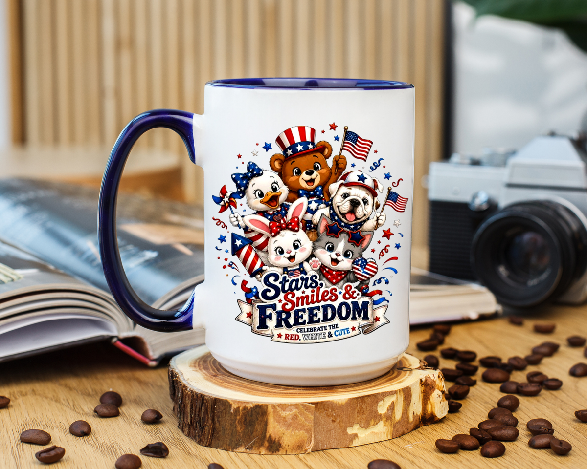 Cute Patriotic Animal Coffee Mug, Fourth of July Mug for Kids and Families, Stars Smiles and Freedom Cup, Independence Day Gift