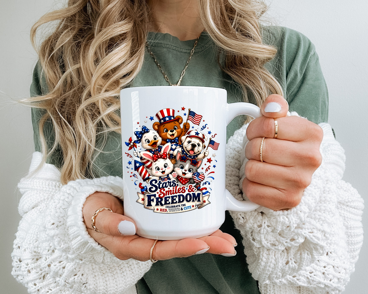 Cute Patriotic Animal Coffee Mug, Fourth of July Mug for Kids and Families, Stars Smiles and Freedom Cup, Independence Day Gift