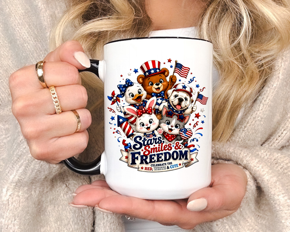 Cute Patriotic Animal Coffee Mug, Fourth of July Mug for Kids and Families, Stars Smiles and Freedom Cup, Independence Day Gift