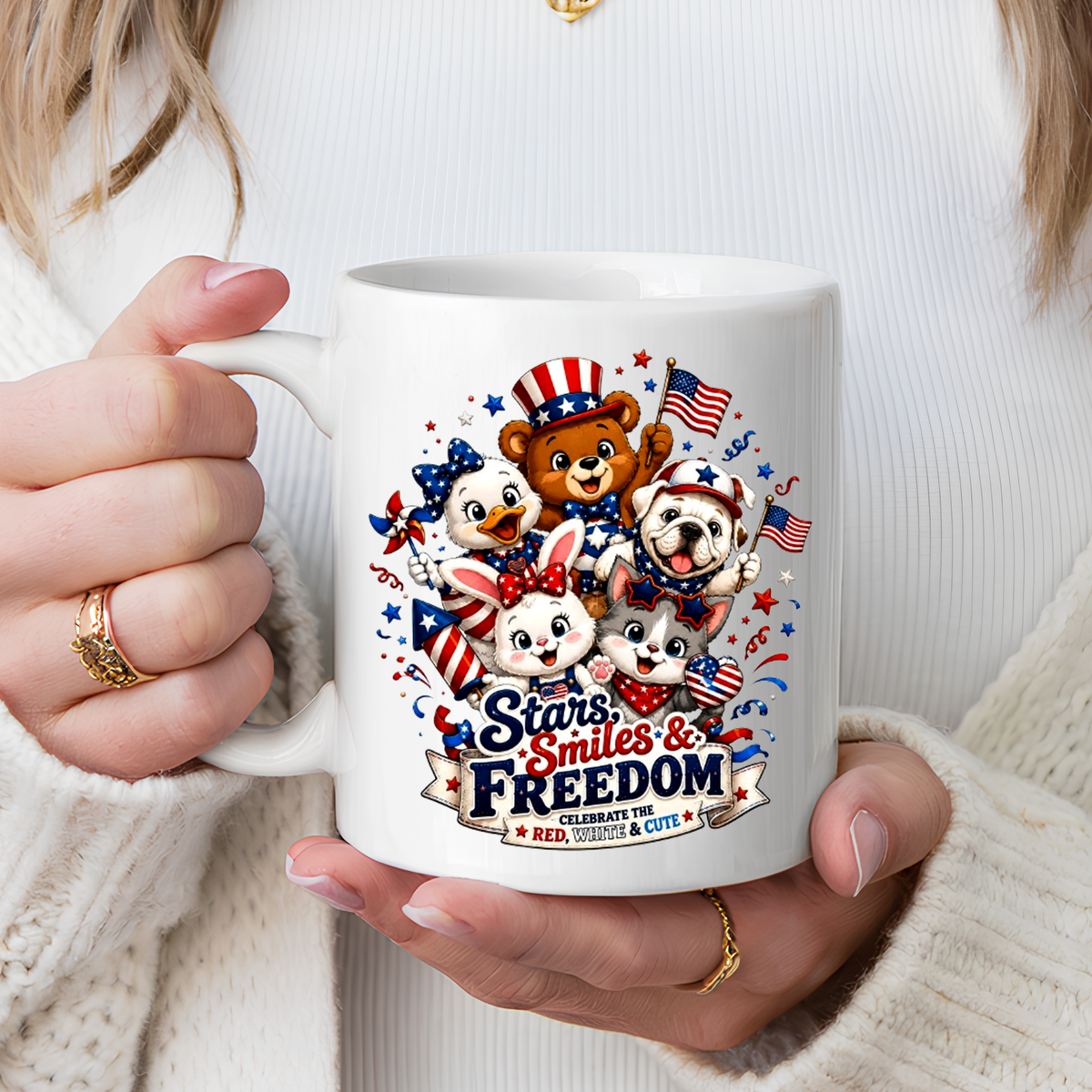 Cute Patriotic Animal Coffee Mug, Fourth of July Mug for Kids and Families, Stars Smiles and Freedom Cup, Independence Day Gift