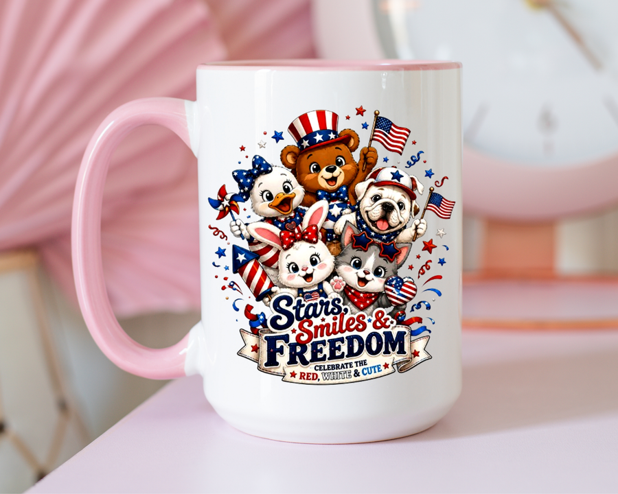 Cute Patriotic Animal Coffee Mug, Fourth of July Mug for Kids and Families, Stars Smiles and Freedom Cup, Independence Day Gift