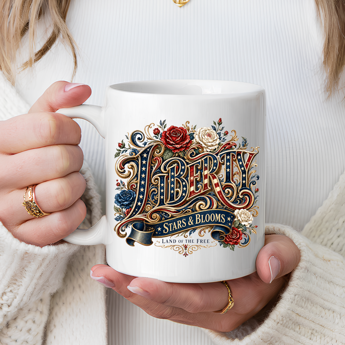 Vintage Patriotic Floral Coffee Mug, Liberty Stars and Blooms Mug, Americana Rose Art Cup, Fourth of July Gift, USA Lover Mug