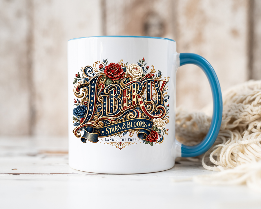 Vintage Patriotic Floral Coffee Mug, Liberty Stars and Blooms Mug, Americana Rose Art Cup, Fourth of July Gift, USA Lover Mug