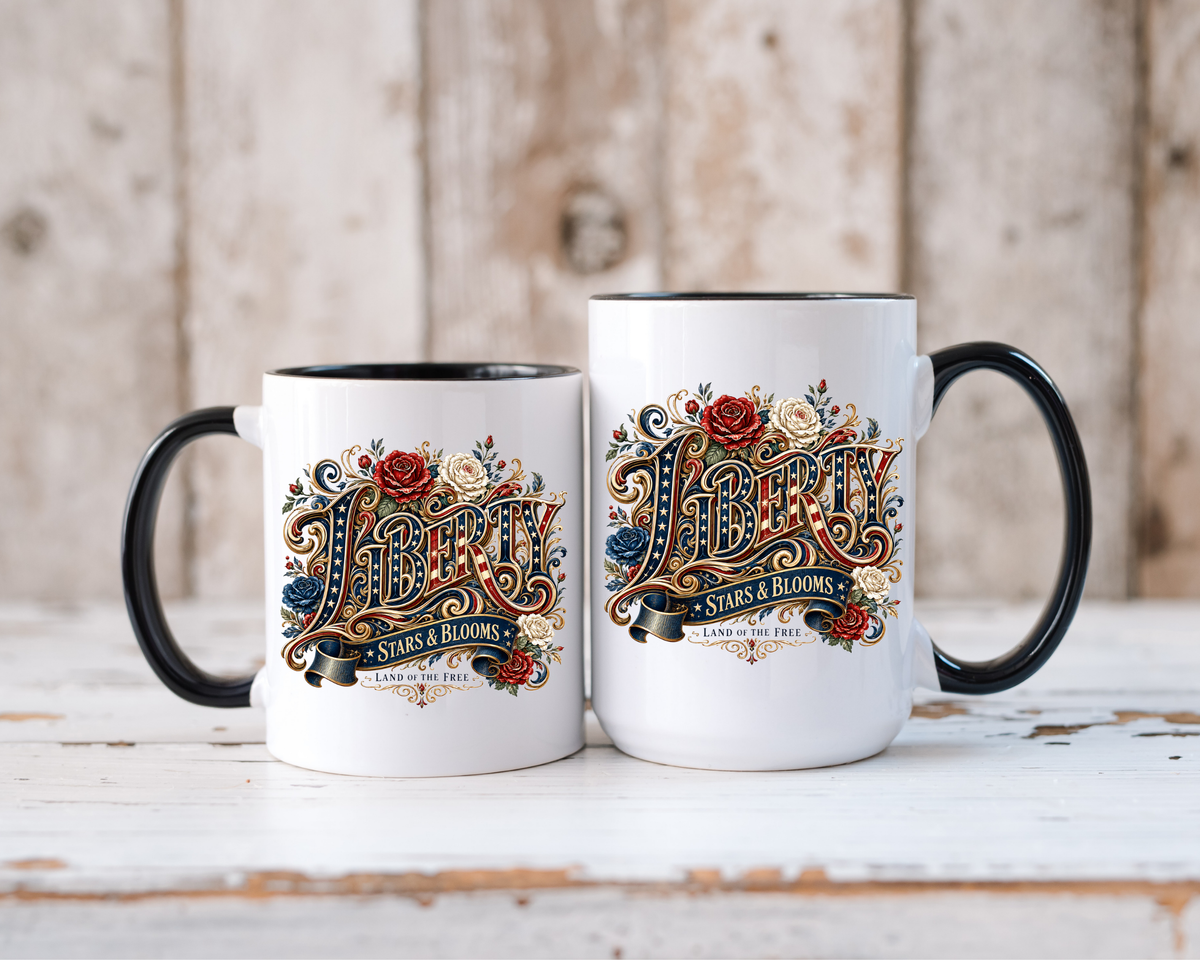 Vintage Patriotic Floral Coffee Mug, Liberty Stars and Blooms Mug, Americana Rose Art Cup, Fourth of July Gift, USA Lover Mug