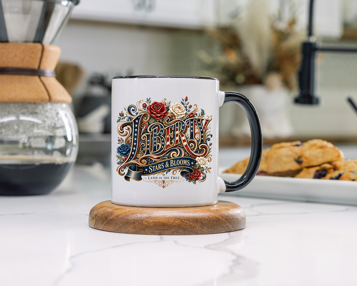 Vintage Patriotic Floral Coffee Mug, Liberty Stars and Blooms Mug, Americana Rose Art Cup, Fourth of July Gift, USA Lover Mug