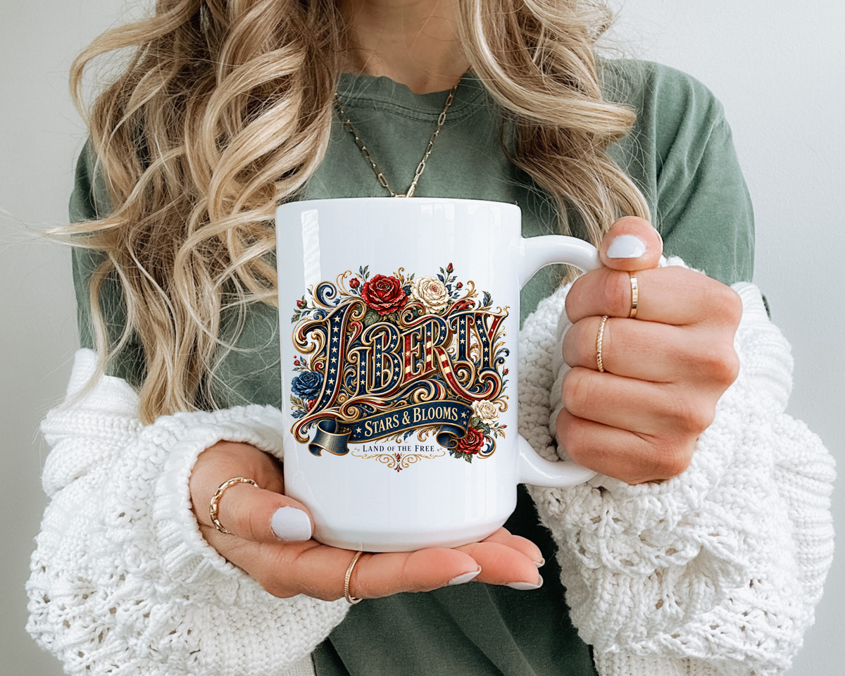 Vintage Patriotic Floral Coffee Mug, Liberty Stars and Blooms Mug, Americana Rose Art Cup, Fourth of July Gift, USA Lover Mug