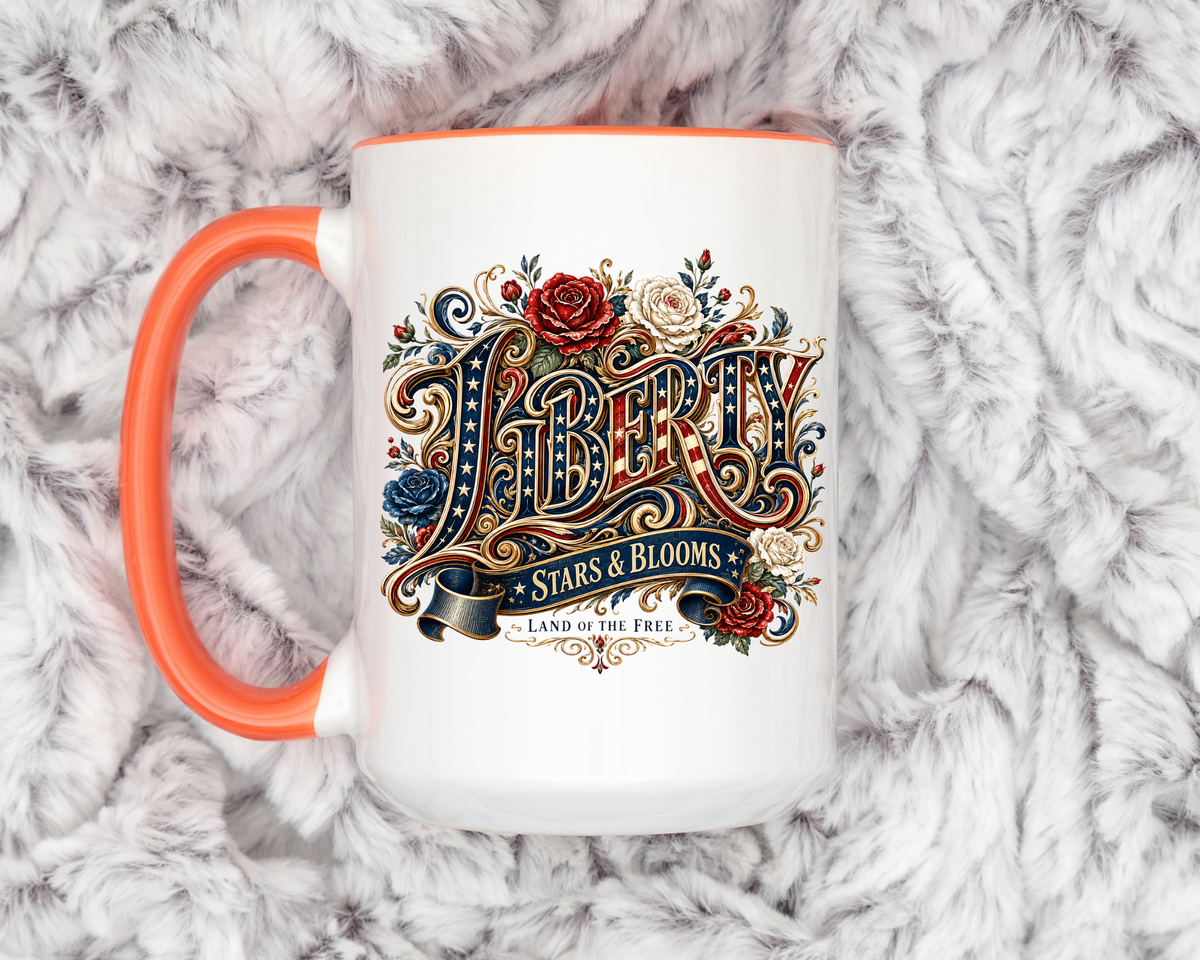 Vintage Patriotic Floral Coffee Mug, Liberty Stars and Blooms Mug, Americana Rose Art Cup, Fourth of July Gift, USA Lover Mug
