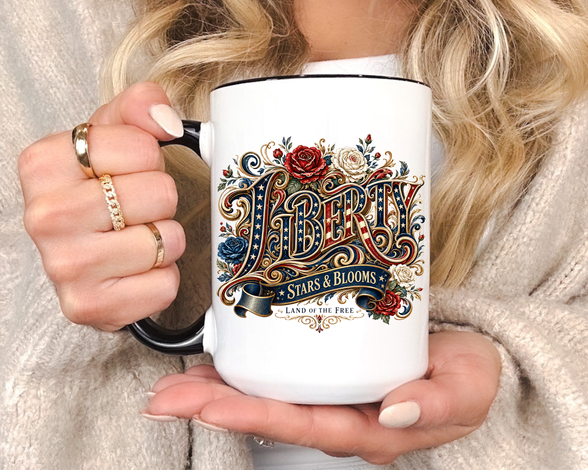 Vintage Patriotic Floral Coffee Mug, Liberty Stars and Blooms Mug, Americana Rose Art Cup, Fourth of July Gift, USA Lover Mug