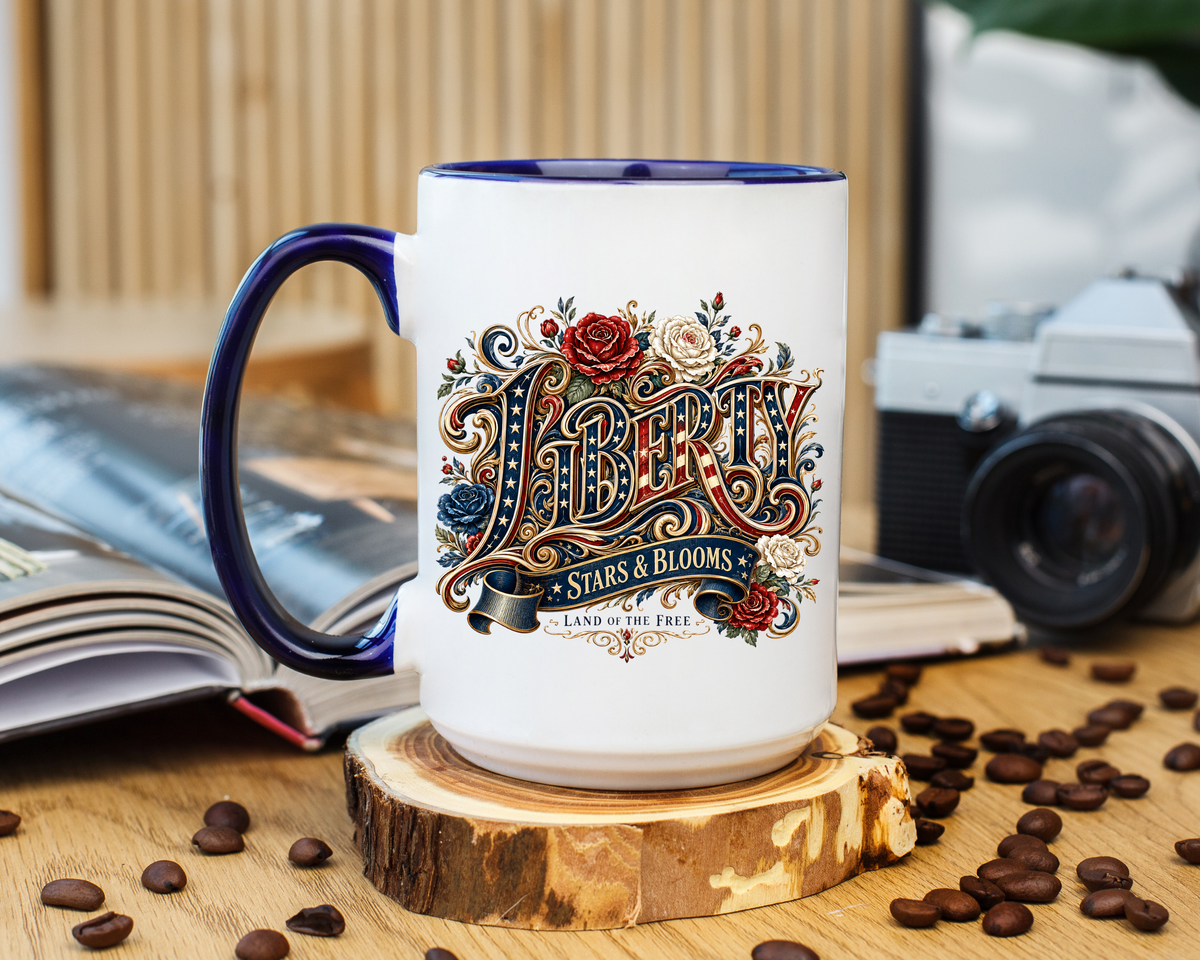 Vintage Patriotic Floral Coffee Mug, Liberty Stars and Blooms Mug, Americana Rose Art Cup, Fourth of July Gift, USA Lover Mug