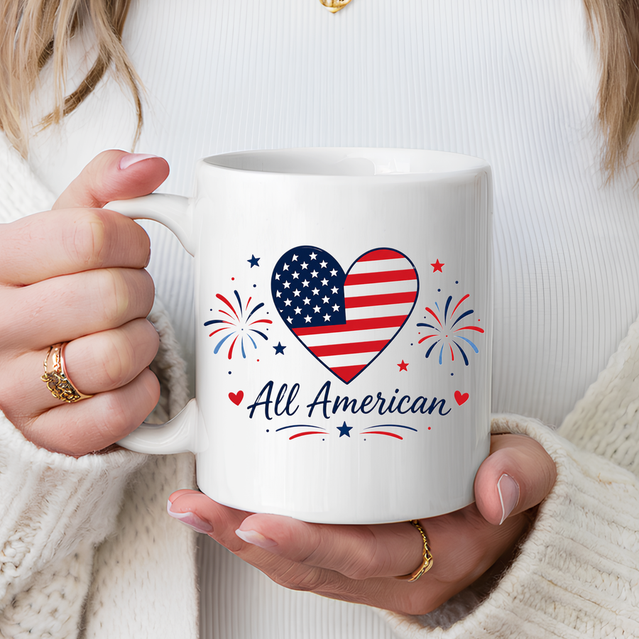 All American Patriotic Heart Coffee Mug, USA Flag Heart Mug, Fourth of July Coffee Cup, American Pride Gift, Independence Day Mug