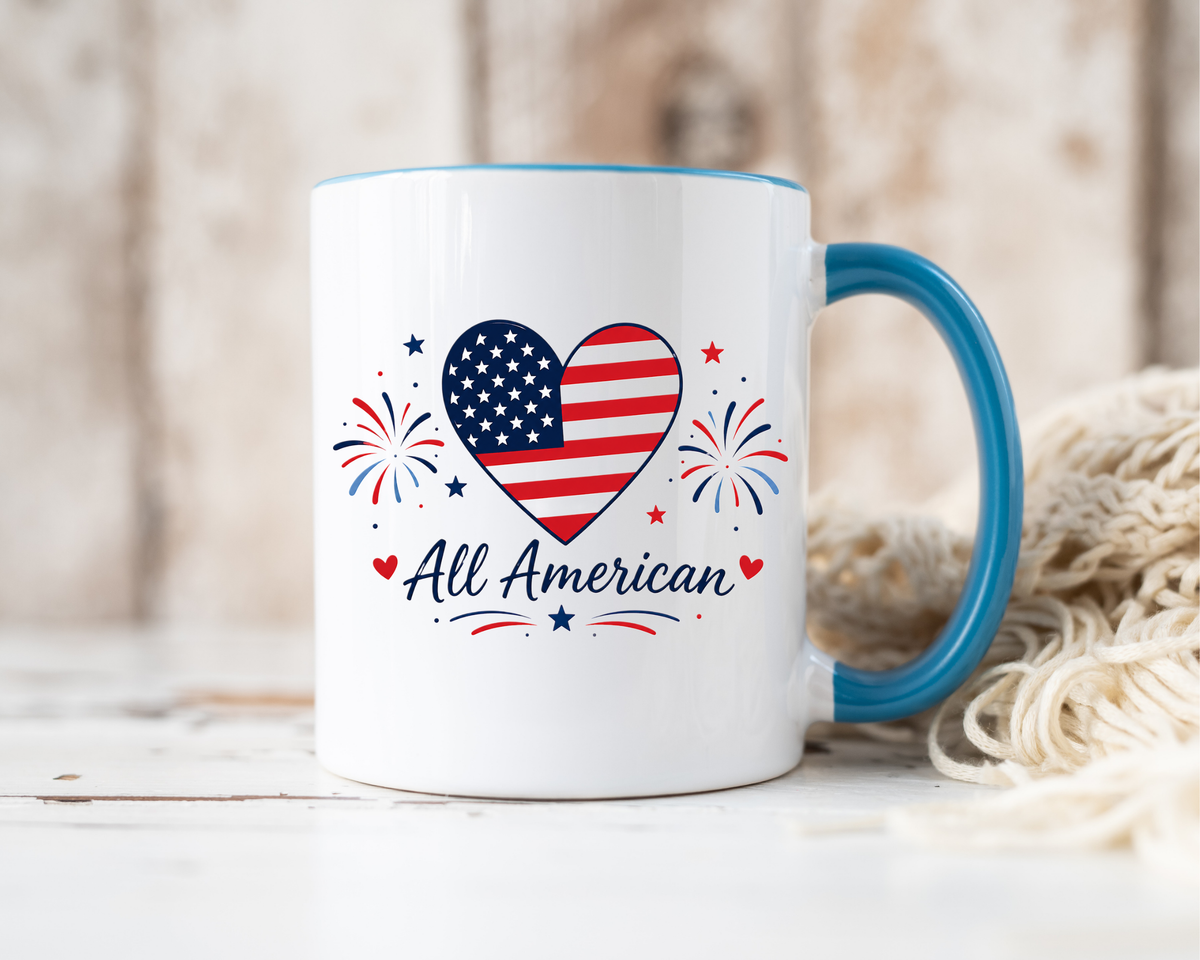 All American Patriotic Heart Coffee Mug, USA Flag Heart Mug, Fourth of July Coffee Cup, American Pride Gift, Independence Day Mug
