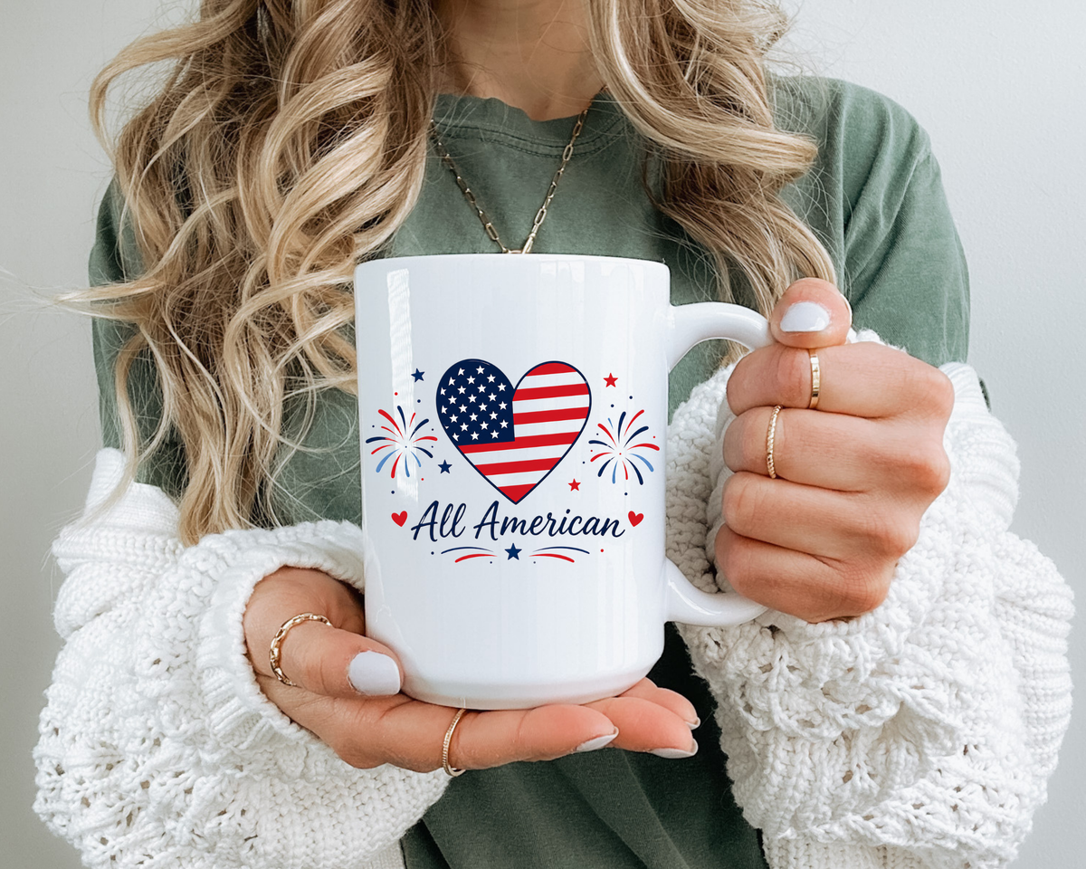 All American Patriotic Heart Coffee Mug, USA Flag Heart Mug, Fourth of July Coffee Cup, American Pride Gift, Independence Day Mug
