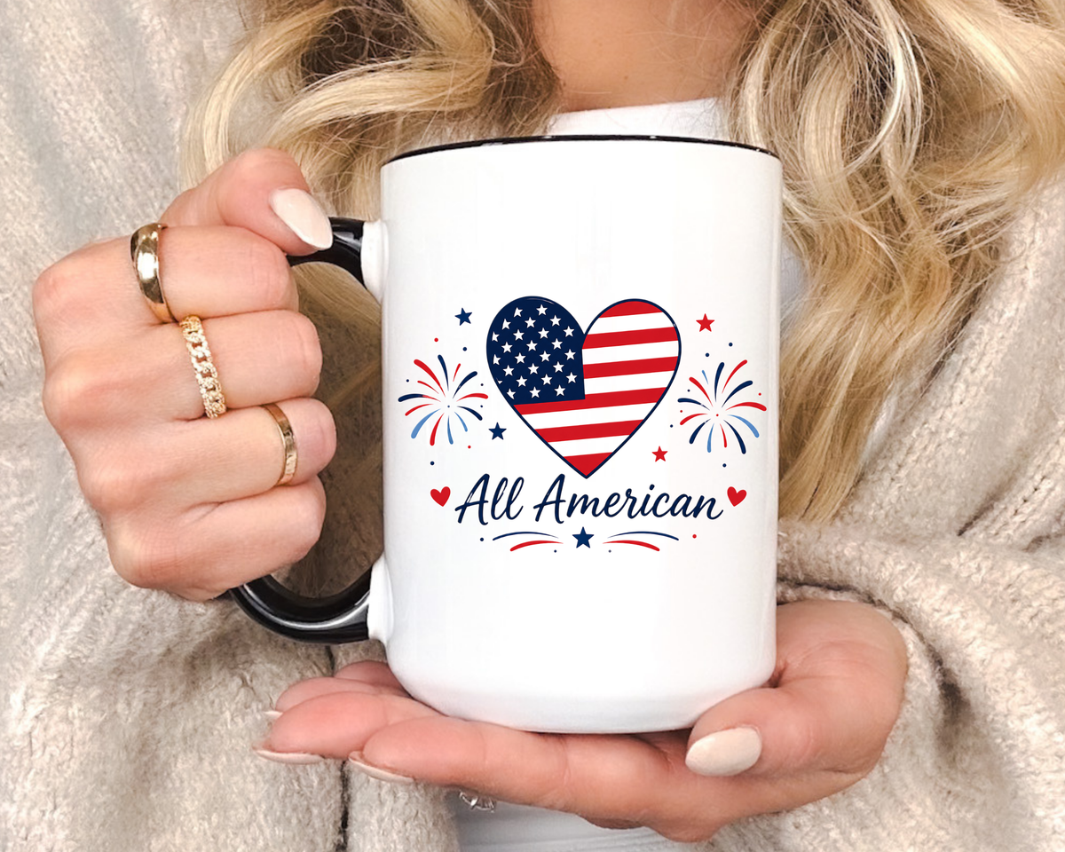 All American Patriotic Heart Coffee Mug, USA Flag Heart Mug, Fourth of July Coffee Cup, American Pride Gift, Independence Day Mug
