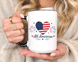 All American Patriotic Heart Coffee Mug, USA Flag Heart Mug, Fourth of July Coffee Cup, American Pride Gift, Independence Day Mug