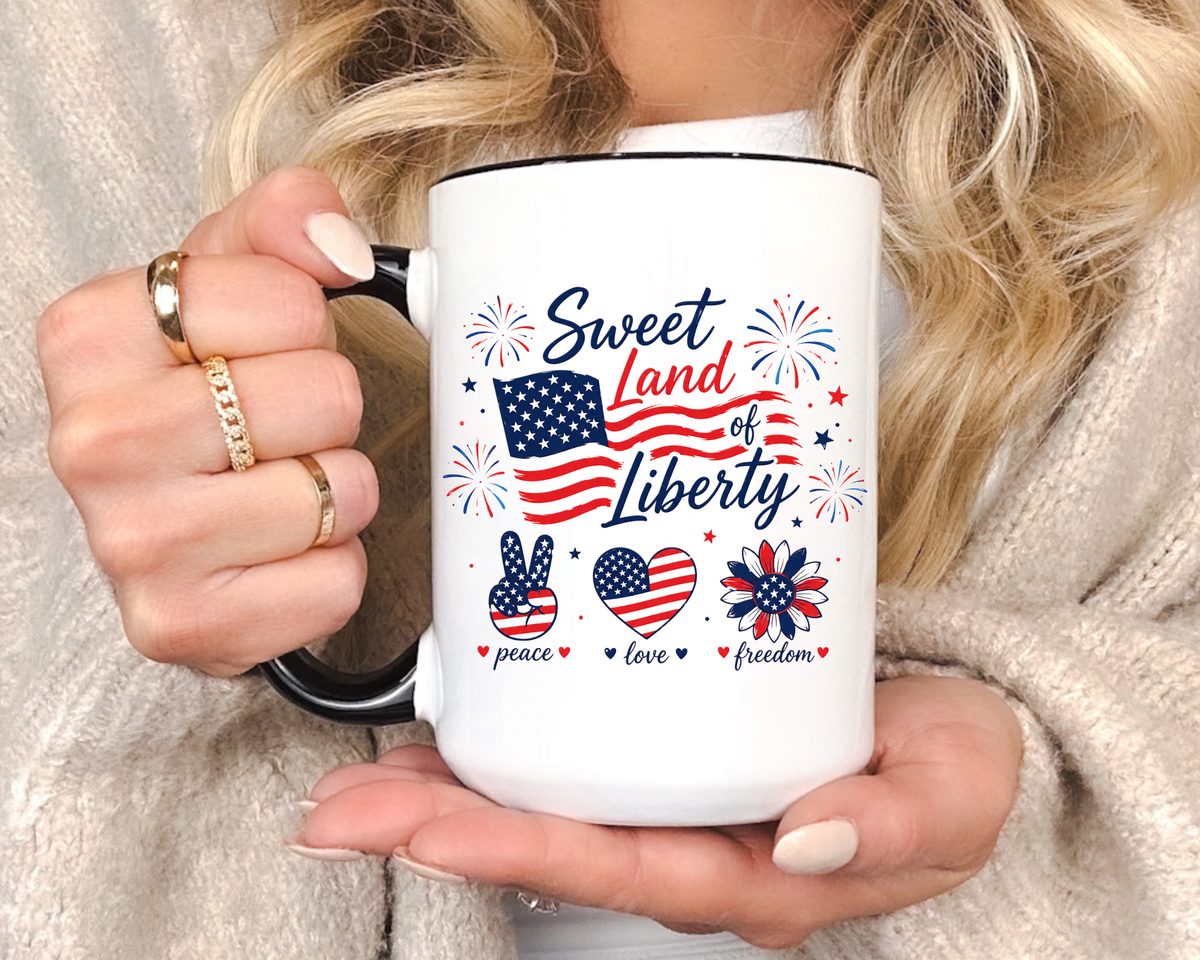 Sweet Land of Liberty Coffee Mug, Patriotic Fourth of July Mug, American Flag Heart Freedom Cup, USA Pride Gift for Women