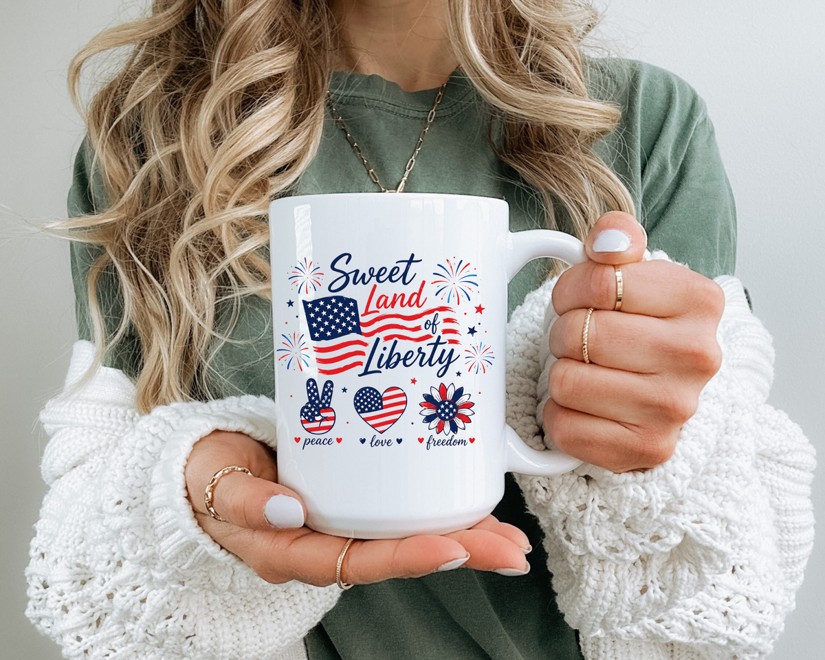 Sweet Land of Liberty Coffee Mug, Patriotic Fourth of July Mug, American Flag Heart Freedom Cup, USA Pride Gift for Women