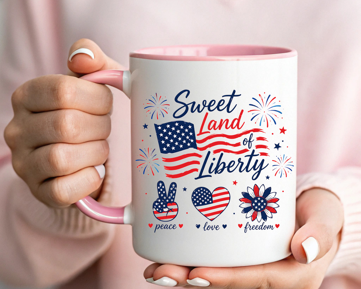 Sweet Land of Liberty Coffee Mug, Patriotic Fourth of July Mug, American Flag Heart Freedom Cup, USA Pride Gift for Women