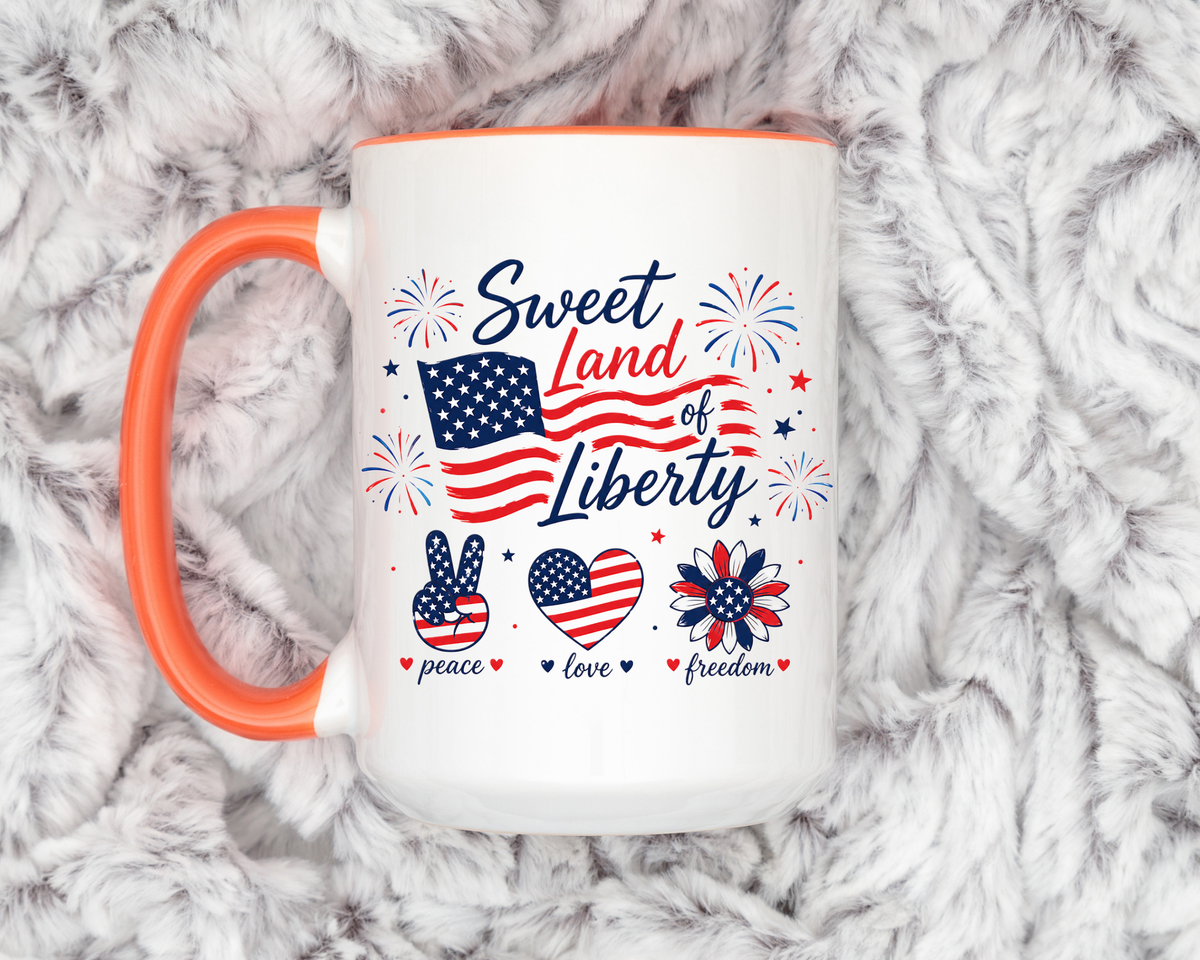 Sweet Land of Liberty Coffee Mug, Patriotic Fourth of July Mug, American Flag Heart Freedom Cup, USA Pride Gift for Women