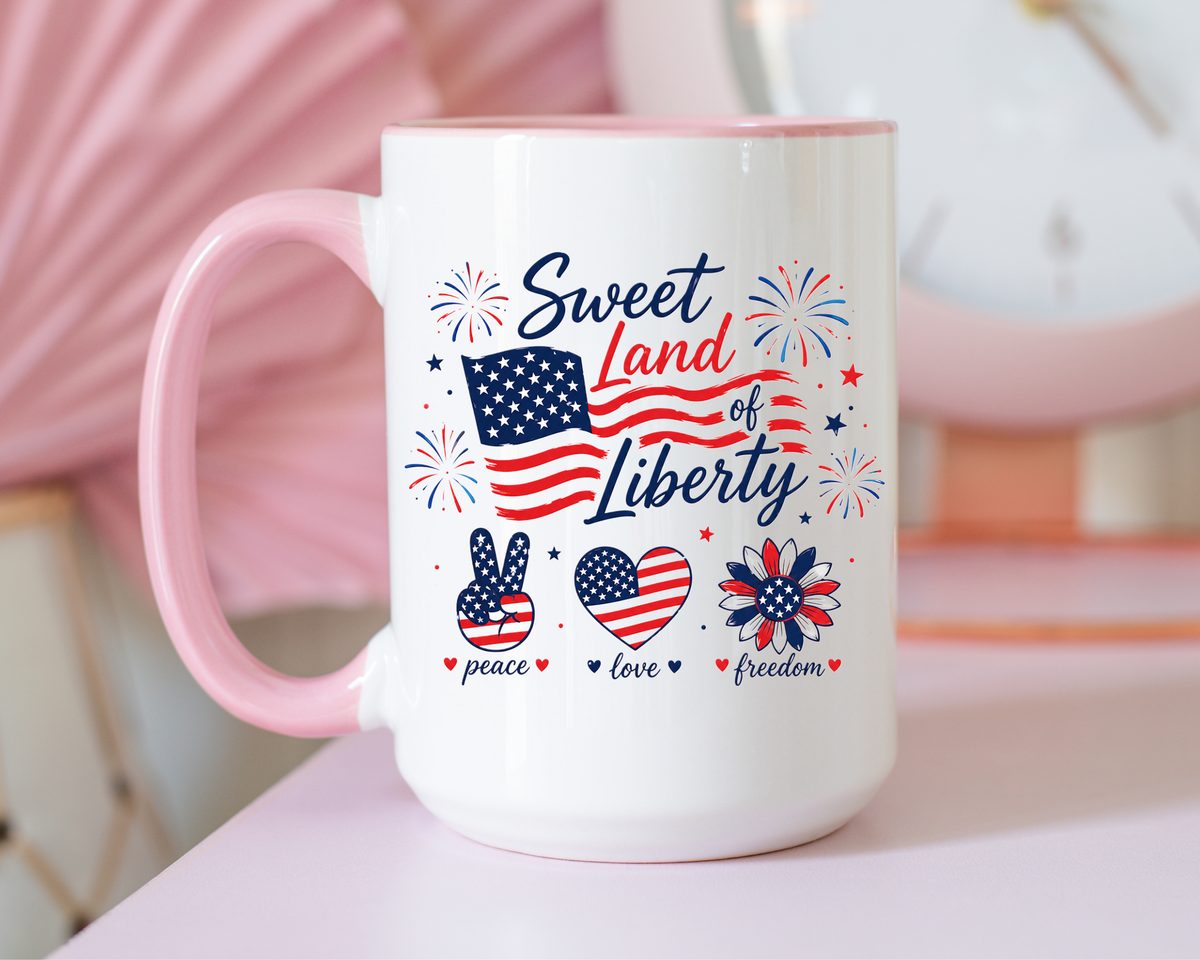 Sweet Land of Liberty Coffee Mug, Patriotic Fourth of July Mug, American Flag Heart Freedom Cup, USA Pride Gift for Women