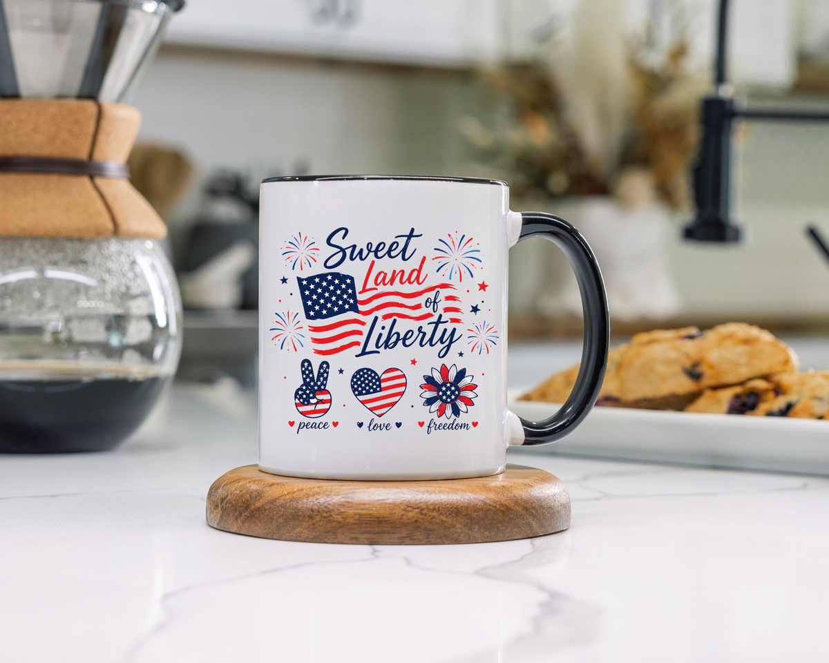 Sweet Land of Liberty Coffee Mug, Patriotic Fourth of July Mug, American Flag Heart Freedom Cup, USA Pride Gift for Women