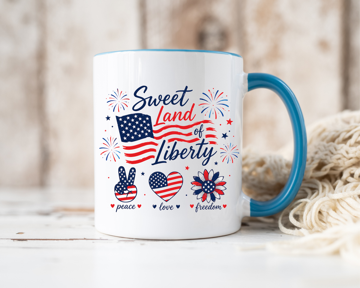 Sweet Land of Liberty Coffee Mug, Patriotic Fourth of July Mug, American Flag Heart Freedom Cup, USA Pride Gift for Women