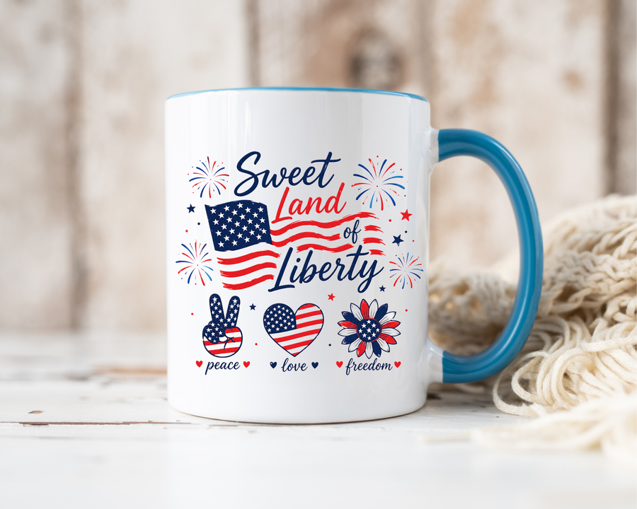 Sweet Land of Liberty Coffee Mug, Patriotic Fourth of July Mug, American Flag Heart Freedom Cup, USA Pride Gift for Women