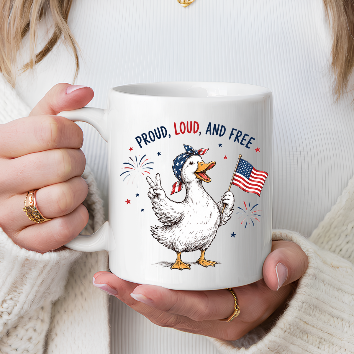 Funny Patriotic Goose Coffee Mug, Proud Loud and Free Mug, American Flag Goose Cup, Fourth of July Gift, USA Pride Coffee Mug