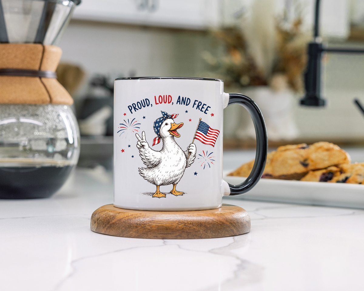 Funny Patriotic Goose Coffee Mug, Proud Loud and Free Mug, American Flag Goose Cup, Fourth of July Gift, USA Pride Coffee Mug