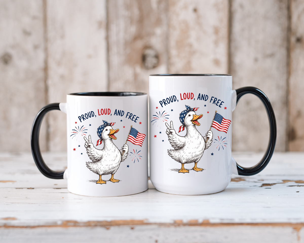Funny Patriotic Goose Coffee Mug, Proud Loud and Free Mug, American Flag Goose Cup, Fourth of July Gift, USA Pride Coffee Mug