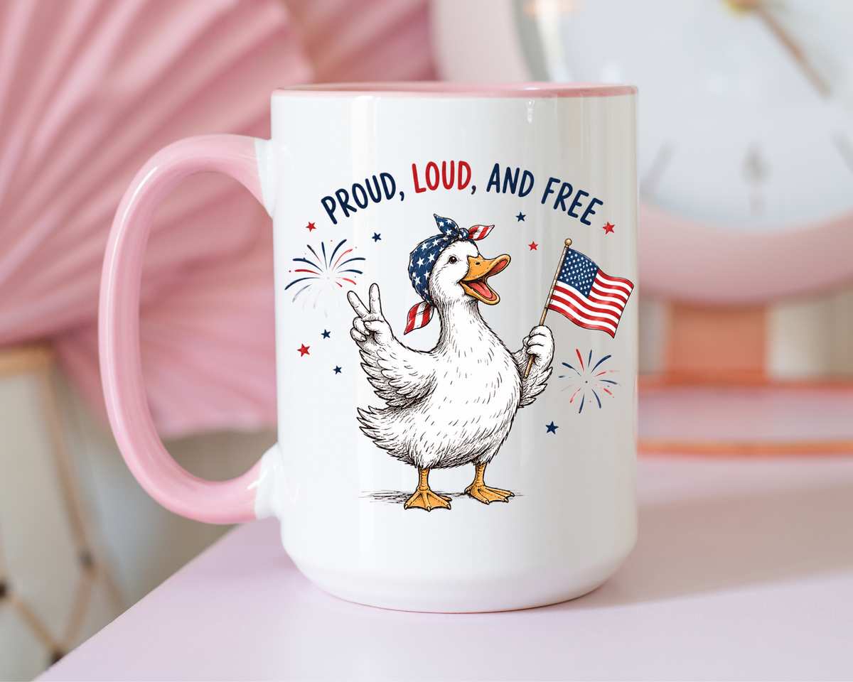 Funny Patriotic Goose Coffee Mug, Proud Loud and Free Mug, American Flag Goose Cup, Fourth of July Gift, USA Pride Coffee Mug