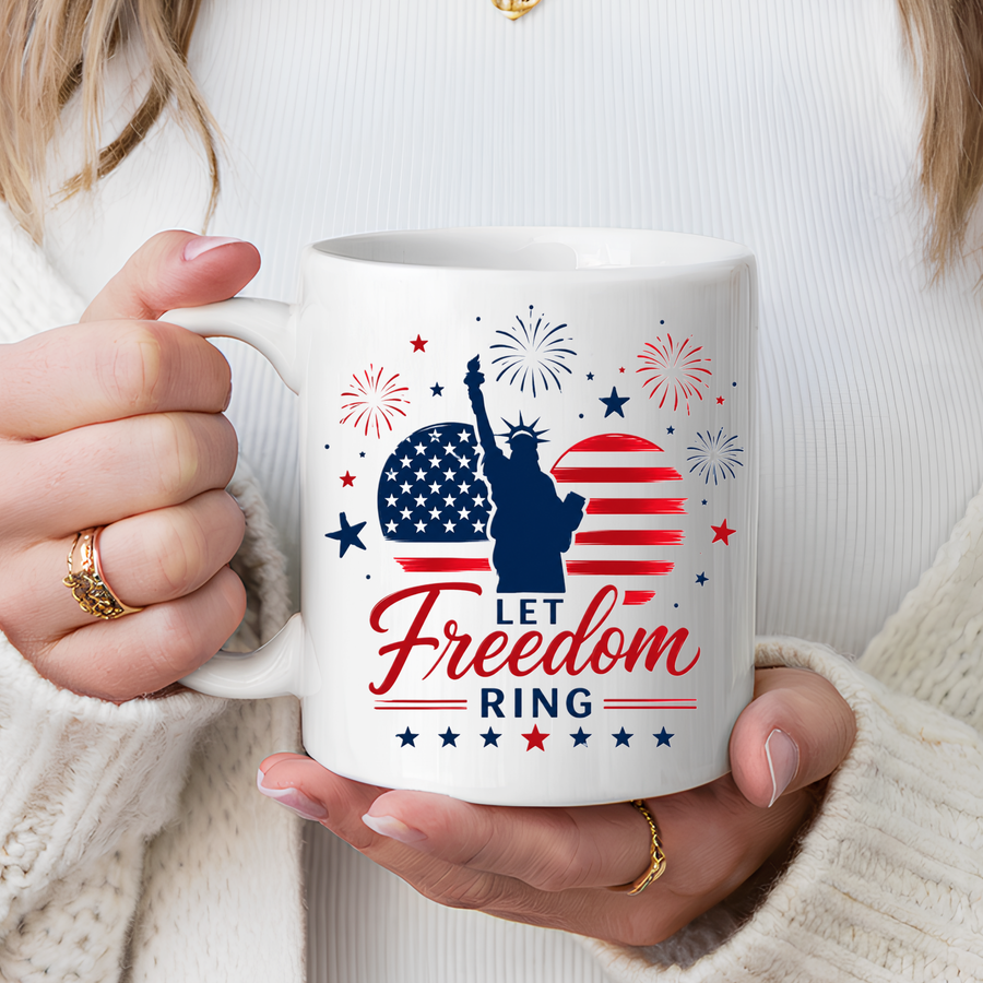 Let Freedom Ring Patriotic Coffee Mug, Statue of Liberty Fourth of July Mug, American Flag Coffee Cup, USA Pride Gift, Independence Day Mug