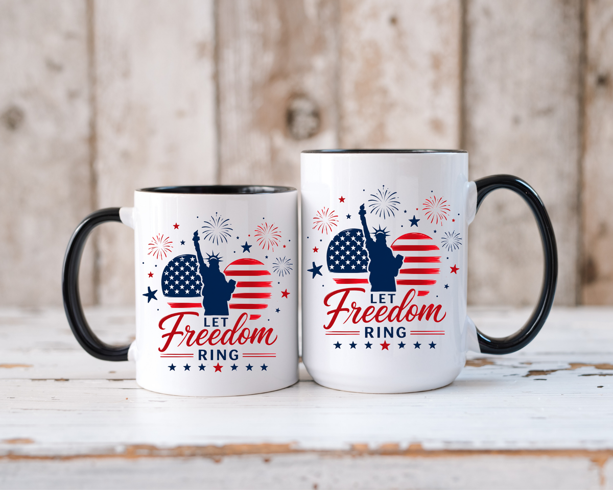 Let Freedom Ring Patriotic Coffee Mug, Statue of Liberty Fourth of July Mug, American Flag Coffee Cup, USA Pride Gift, Independence Day Mug