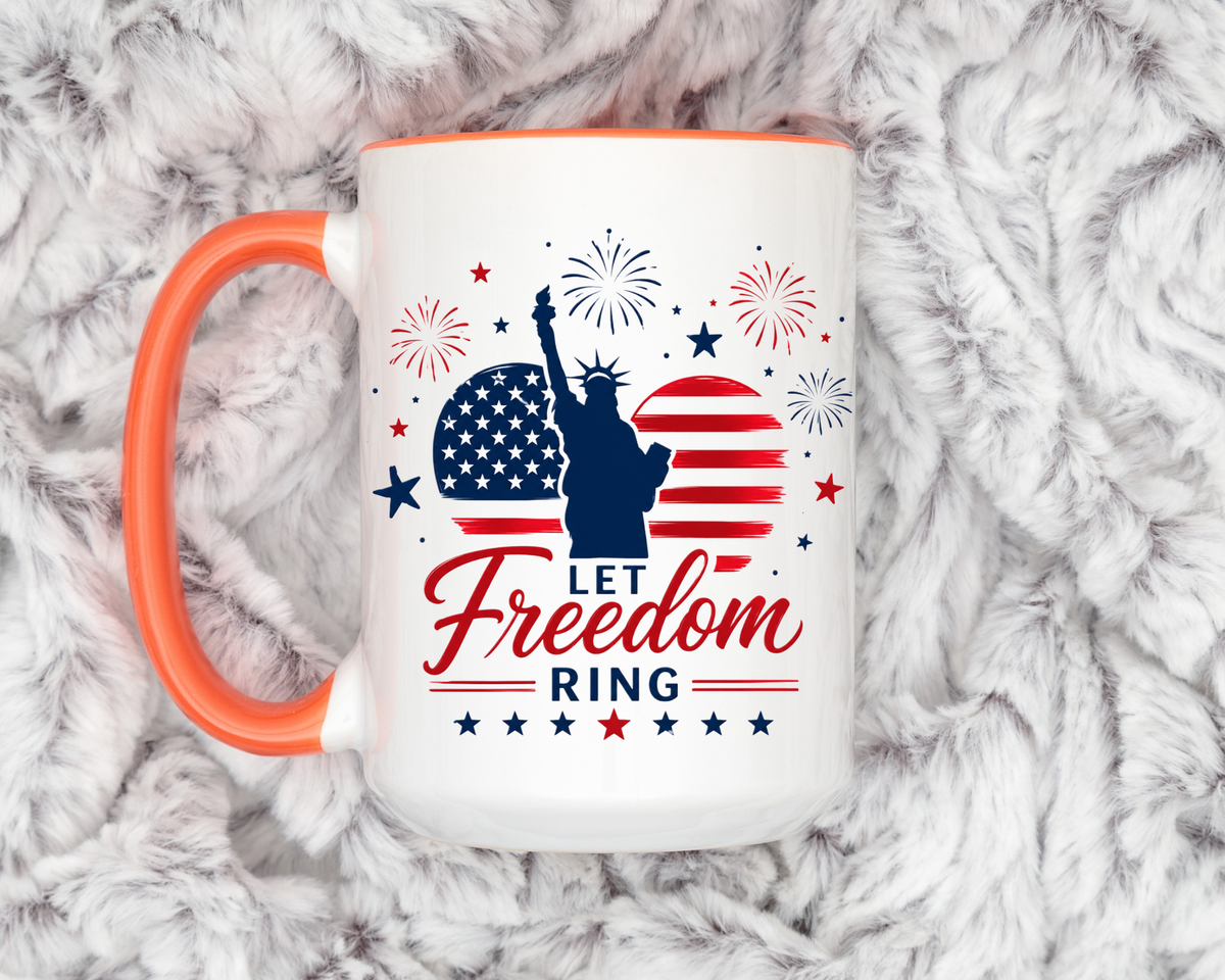 Let Freedom Ring Patriotic Coffee Mug, Statue of Liberty Fourth of July Mug, American Flag Coffee Cup, USA Pride Gift, Independence Day Mug