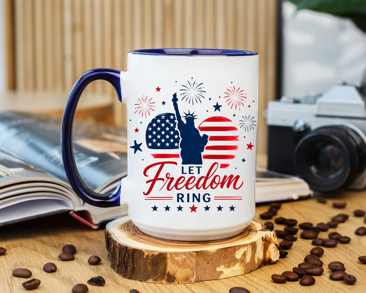 Let Freedom Ring Patriotic Coffee Mug, Statue of Liberty Fourth of July Mug, American Flag Coffee Cup, USA Pride Gift, Independence Day Mug