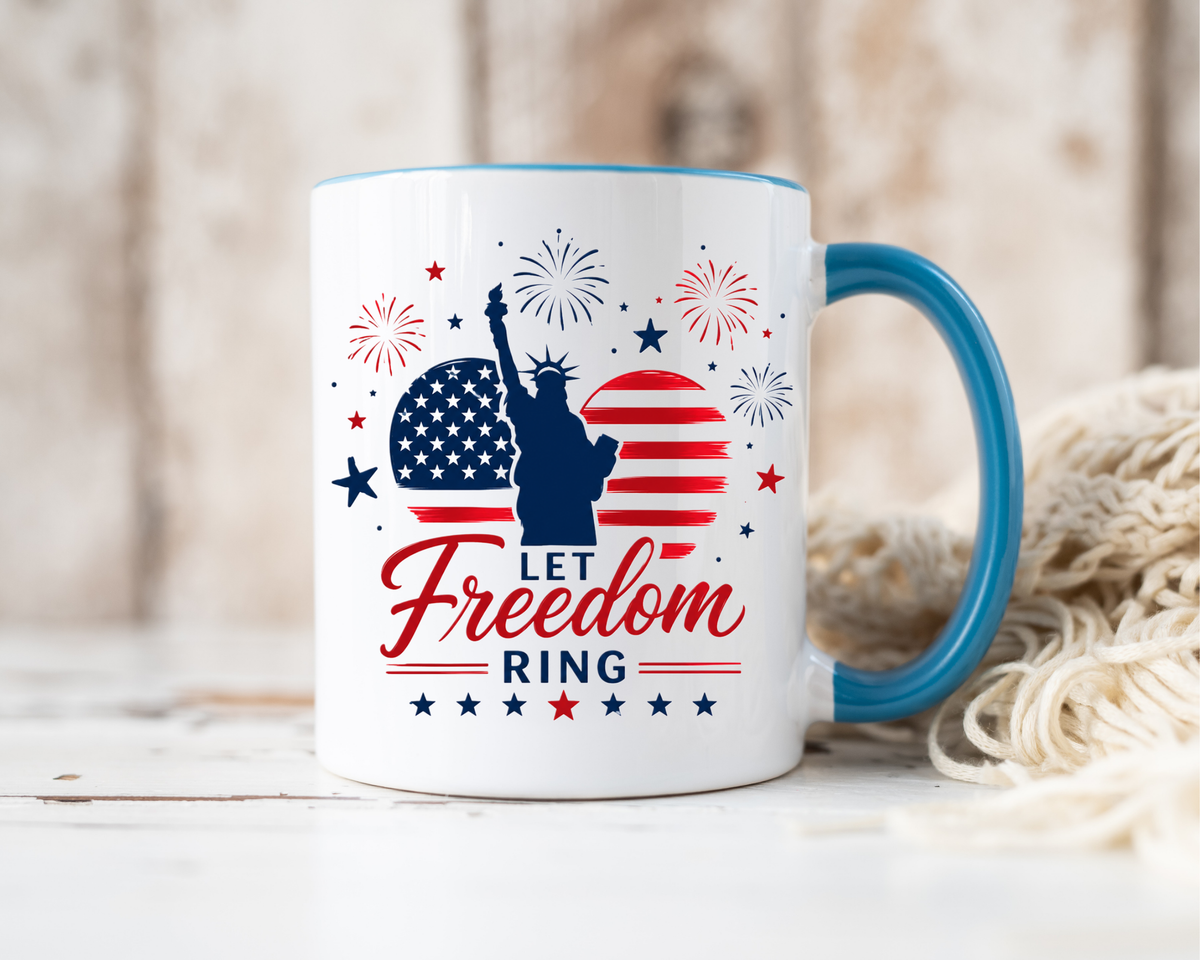 Let Freedom Ring Patriotic Coffee Mug, Statue of Liberty Fourth of July Mug, American Flag Coffee Cup, USA Pride Gift, Independence Day Mug