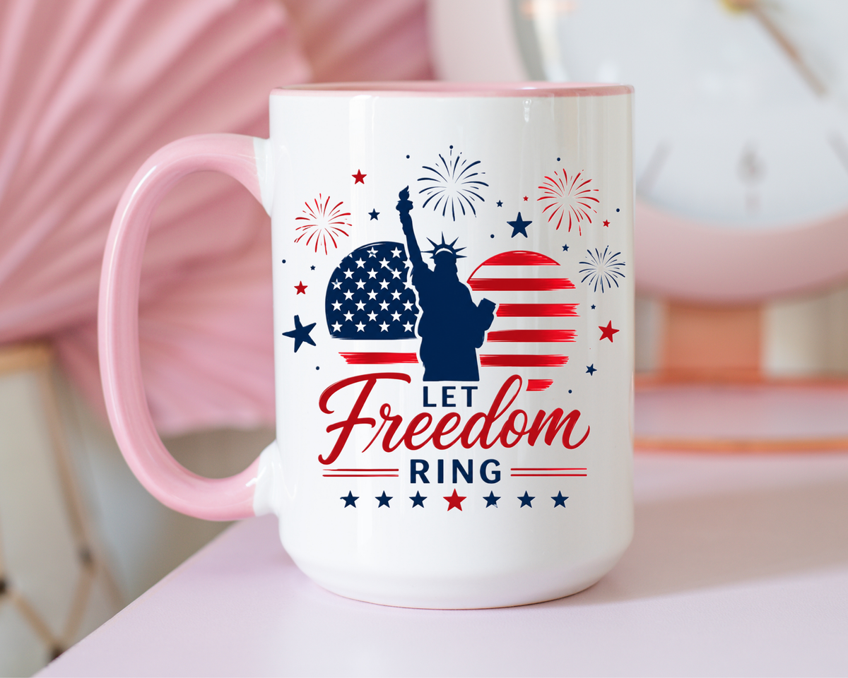 Let Freedom Ring Patriotic Coffee Mug, Statue of Liberty Fourth of July Mug, American Flag Coffee Cup, USA Pride Gift, Independence Day Mug